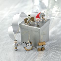 Set van 6 kerstboomhangers, gepresenteerd in een kartonnen doosje met doorzichtige deksel